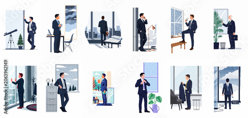 Collection of flat vector illustrations depicting professional businessmen in suits in various office settings, many looking out windows at different weather and landscapes.