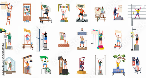 Foto Diverse characters participating in food justice activism, sustainable farming, and community gardening tasks in this illustrative set