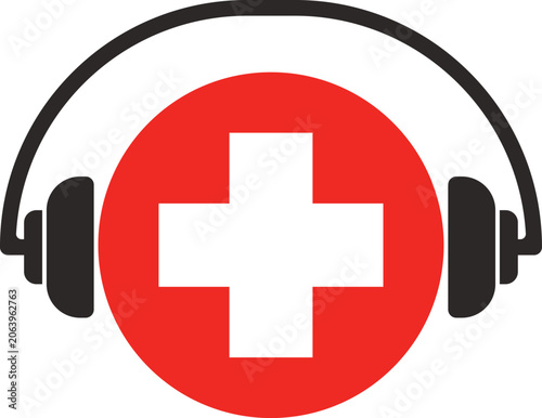 medical red cross icon listening to music with earphones vector illustration