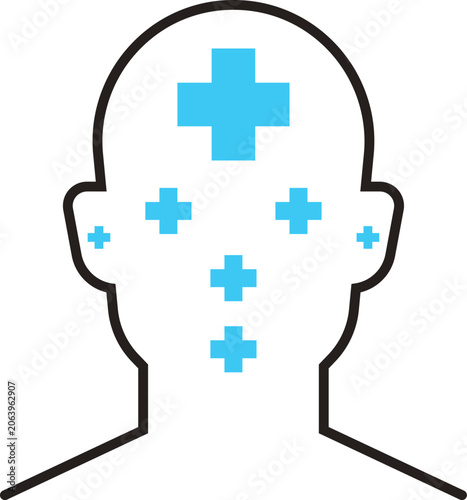 Head silhouette with blue crosses indicating pain points medical vector illustration