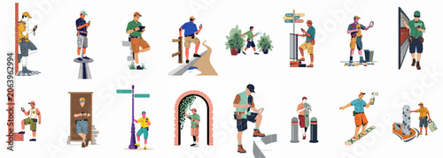 Foto Flat Illustration Set of Men Using Navigation Devices and Smartphones in Various Urban and Outdoor Environments for Field Work, Maintenance, and Wayfinding