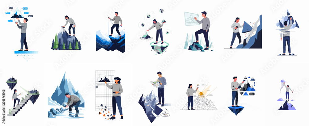 Fototapeta premium Collection of flat vector illustrations featuring people interacting with mountains, representing themes of success, growth, technology, and strategic exploration.