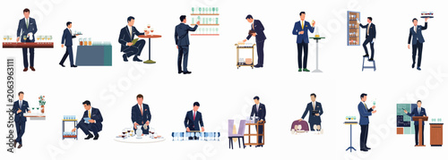 Collection of Professional Waiters and Sommeliers Performing Various Service Tasks in a Fine Dining Setting