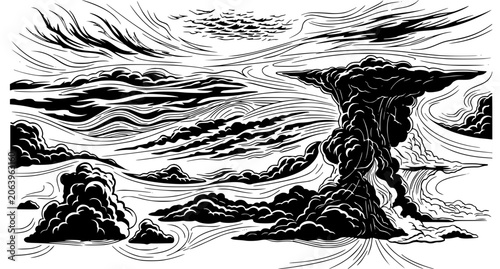 Stylized artistic ink drawing of storm clouds and windy sky atmospheric weather patterns in black and white graphic illustration style suitable for design backgrounds and creative projects