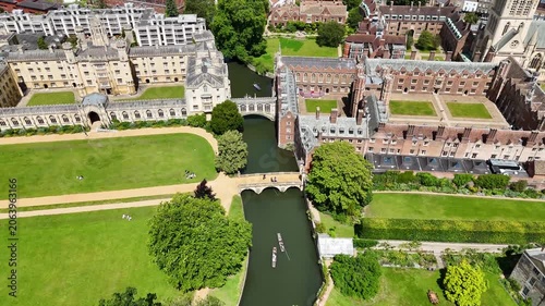 Aerial view of punting boating activity on River Cam by Bridge of Sighs, UK