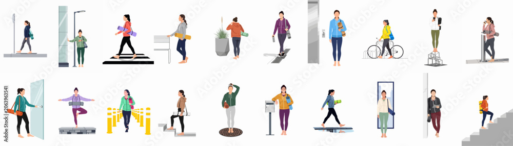 Fototapeta premium Comprehensive set of flat vector illustrations featuring women in activewear and yoga mats throughout their daily urban lives and routines.