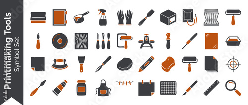Comprehensive vector icon set of 40 printmaking and screen printing tools featuring squeegees, brayers, ink rollers, and drying racks in a modern flat design with clean monochrome accents.