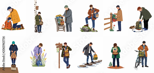 Set of flat style illustrations showing a male traveler in various outdoor activities like hiking and cycling, using his phone and carrying a backpack.