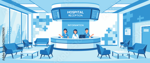 Modern hospital reception area flat vector illustration with a friendly information desk clerk, clean clinic interior, medical staff, patients, and professional healthcare environment design.