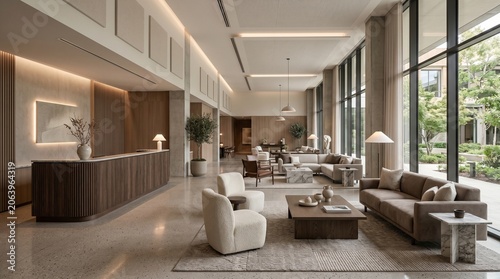 Modern luxury hotel lobby interior with elegant furniture minimalist wooden reception desk and large floor to ceiling windows overlooking greenery