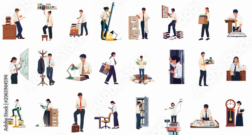 Collection of overworked office workers, lawyers, and investigators handling excessive paperwork, legal files, and deadlines in a flat illustration style.