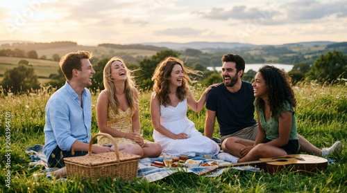 Friends laughing at outdoor picnic in meadow