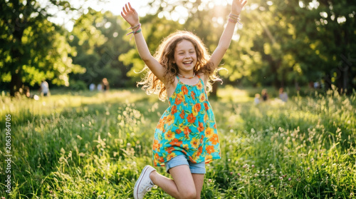 Happy girl dancing in meadow with arms raised