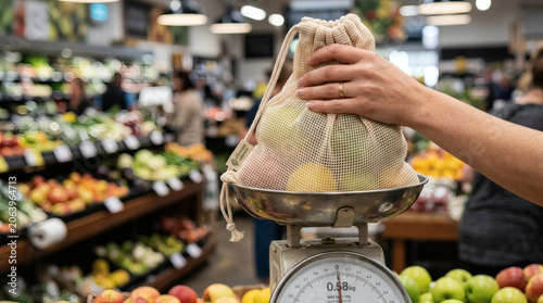 Hand weighing produce bag on market scale