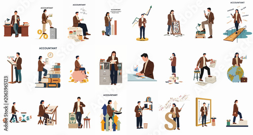 Collection of professional accountant and finance illustrations showing men and women working with data, money, charts, and reports in a flat design style.