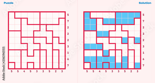 Aquarium Puzzle and solution grid with highlighted sections in blue and red  