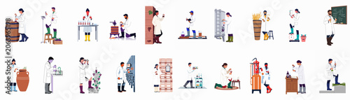 Foto Comprehensive set of flat illustrations featuring laboratory workers and enologists engaged in various stages of professional wine production and quality control processes