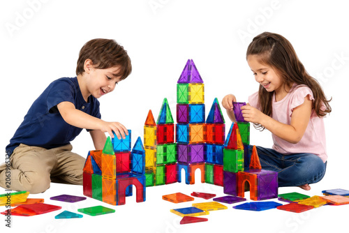 Happy Boy and Girl Building Colorful Castle with Magnetic Tiles Educational Toy Isolated