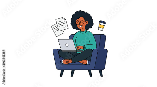 Illustration of a relaxed young woman sitting in a chair with a laptop and papers floating around her in a casual setting.