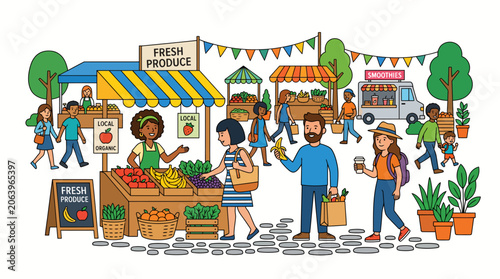 Illustration of diverse people shopping and socializing at an outdoor market with vendor stalls and colorful decorations.