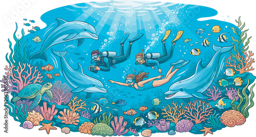 Bild auf Leinwand Underwater scuba diving vector illustration with divers swimming with dolphins s