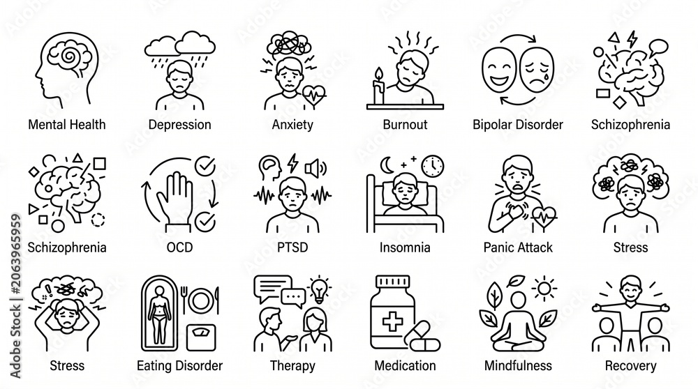 Obraz premium Line‑style mental health icons—depression, anxiety, therapy, recovery, mindfulness—arranged in a clean grid, symbolizing psychological wellbeing, awareness, and support with clarity and educational pu