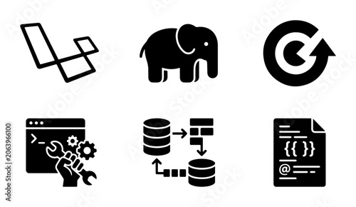 Photos Software Development Icons: Laravel, Elephant, Refresh, Coding, Database, Code S