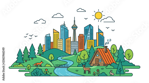 Illustration of a city skyline with a river and trees in a colorful, cartoon style against a white background.