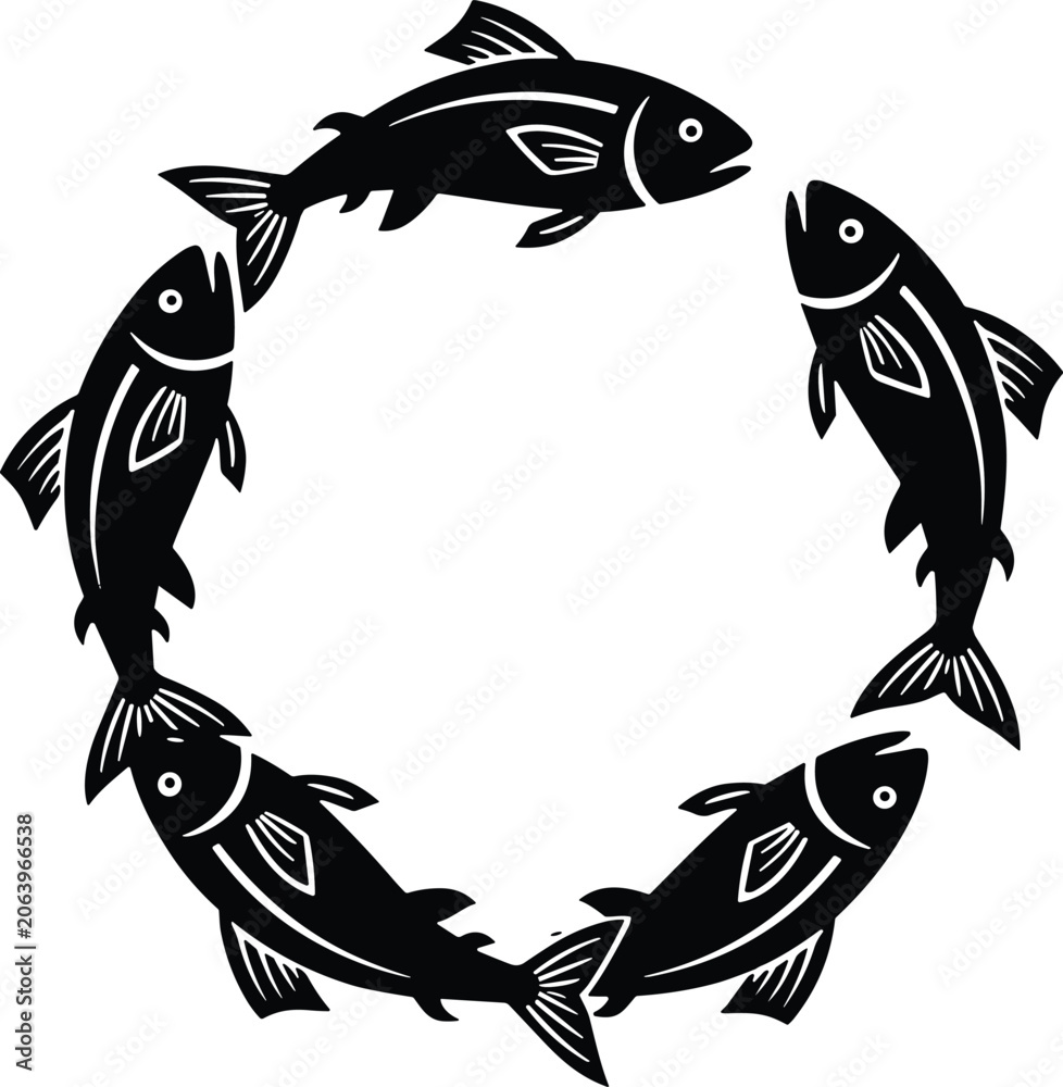 Fototapeta premium Fish, circle, silhouette, set, black, isolated, on, white, background, school, swimming, aquatic, nature, wildlife, fishing, animal, seafood, vector, illustration, design,
