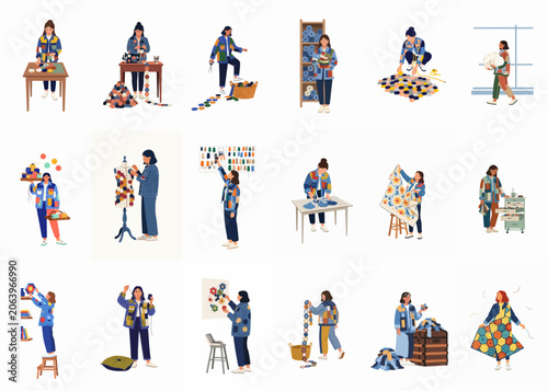 Obraz na plátne Flat vector illustration set of women engaged in various sewing, quilting, and dressmaking activities, featuring fabric cutting, stitching, and garment design