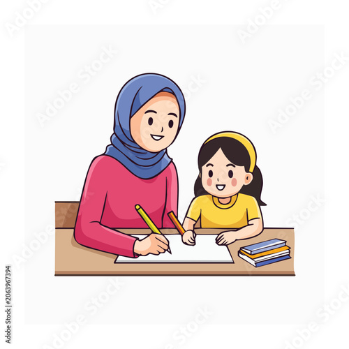 Mother and child studying together at a desk