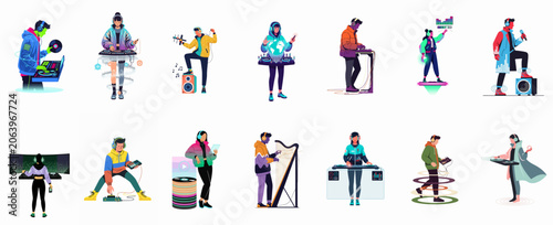 Fotografie A diverse collection of stylized flat illustrations of DJs and musicians using futuristic equipment and vibrant colors, isolated on white background