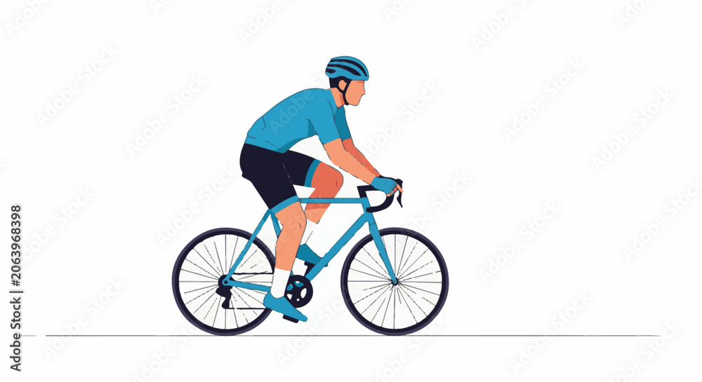 Fototapeta premium A cyclist wearing a blue helmet and shirt rides a blue bicycle