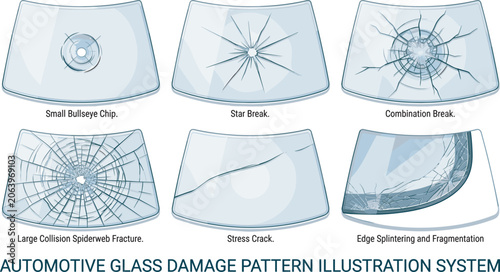 Schilderij op canvas Automotive glass damage patterns vector illustration system showing windshield c