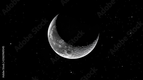 Crescent Moon and Stars in Dark Night Sky