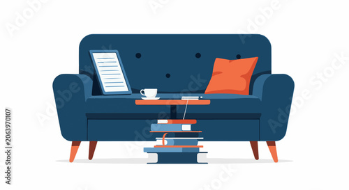 A blue couch with a laptop, coffee cup, and books on a side table