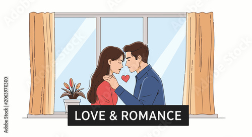 A cartoon illustration of a man and woman kissing with a heart between them