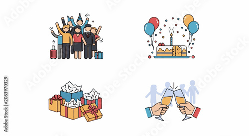 A vibrant digital illustration depicting four scenes of celebration and joy