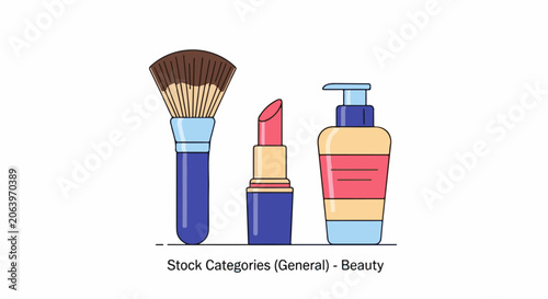 A colorful cartoon illustration of makeup products
