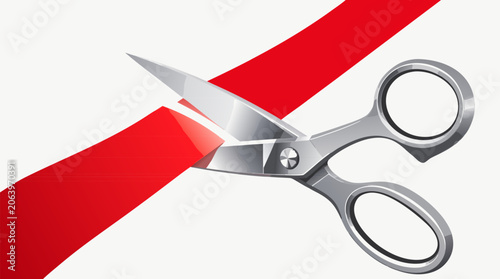 Conceptual Flat Vector Illustration of Giant Scissors Cutting Through Red Tape Symbolizing Breaking Bureaucracy Progress Grand Opening Success Freedom Achievement and Efficiency on Light Background
