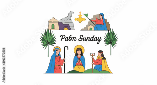 A colorful illustration depicting a Palm Sunday scene with people and palm trees