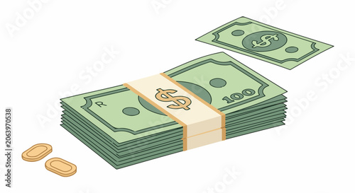 A stack of green bills with a beige band and two coins