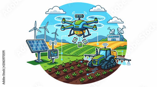 A colorful illustration of a futuristic farm with a drone, tractor, solar panel, and wind turbines