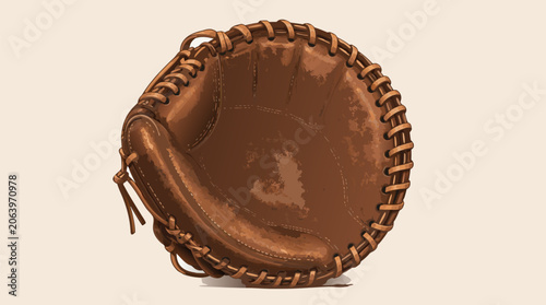 Professional leather baseball catcher mitt, highly detailed flat vector illustration of sports glove, athletic equipment for ball games and league tournaments isolated on a light background.