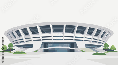 Modern Massive Soccer Stadium Exterior Architecture Showing a Grand Entrance and Sleek Facade in a Flat Vector Illustration Style, Representing a World Class Sports Arena and Venue Design.