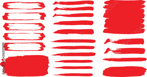 A vector collection of bright red hand-drawn paint elements, featuring textured horizontal brush strokes, thick ink smudges, lines, and rectangular grunge banner frames isolated on a white background.