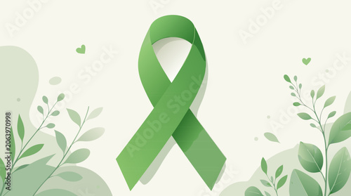 Minimalist flat vector illustration of a green ribbon for mental health awareness isolated on a light background symbol for support hope and consciousness of psychological well being and care.