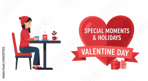 A woman sits alone at a table on Valentine's Day
