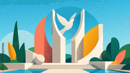 Peace monument abstract architecture in flat vector illustration style, modern symbolic building on light background for global harmony, world unity, and freedom memorial concepts