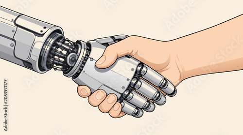 Futuristic Flat Vector Illustration of a Robotic Mechanical Hand Shaking a Human Hand Symbolizing Artificial Intelligence Collaboration and Future Technology Partnership on a Clean White Background.